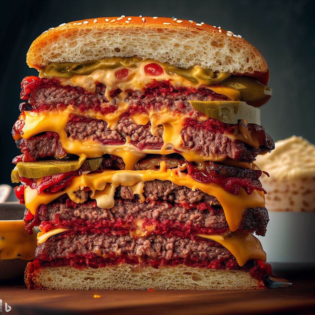 An eye-popping, hyper-realistic photograph of the ultimate cheeseburger, cut in half to show the layered ingredients, with a side of homemade chipotle aioli.