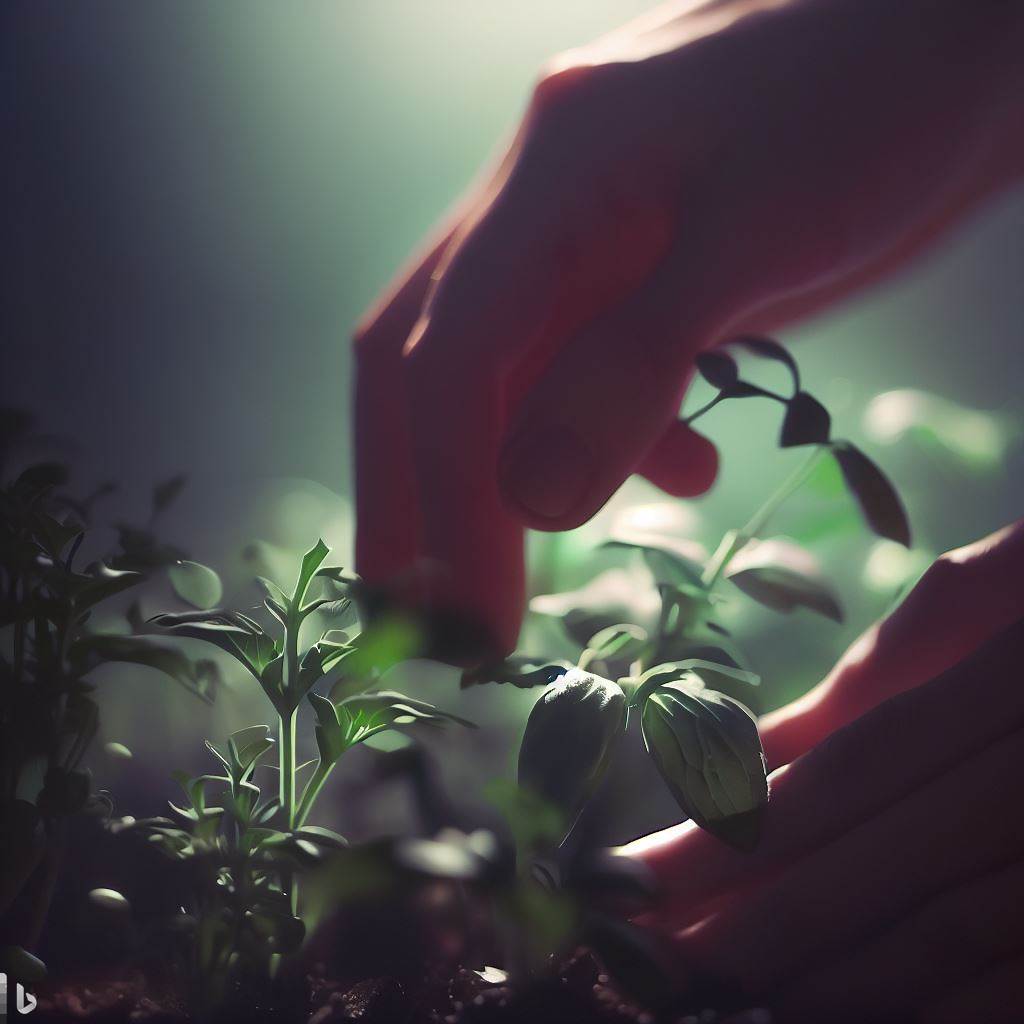 Close-up of hands planting herbs in a garden under the moonlight, a soft glow illuminating the delicate leaves.