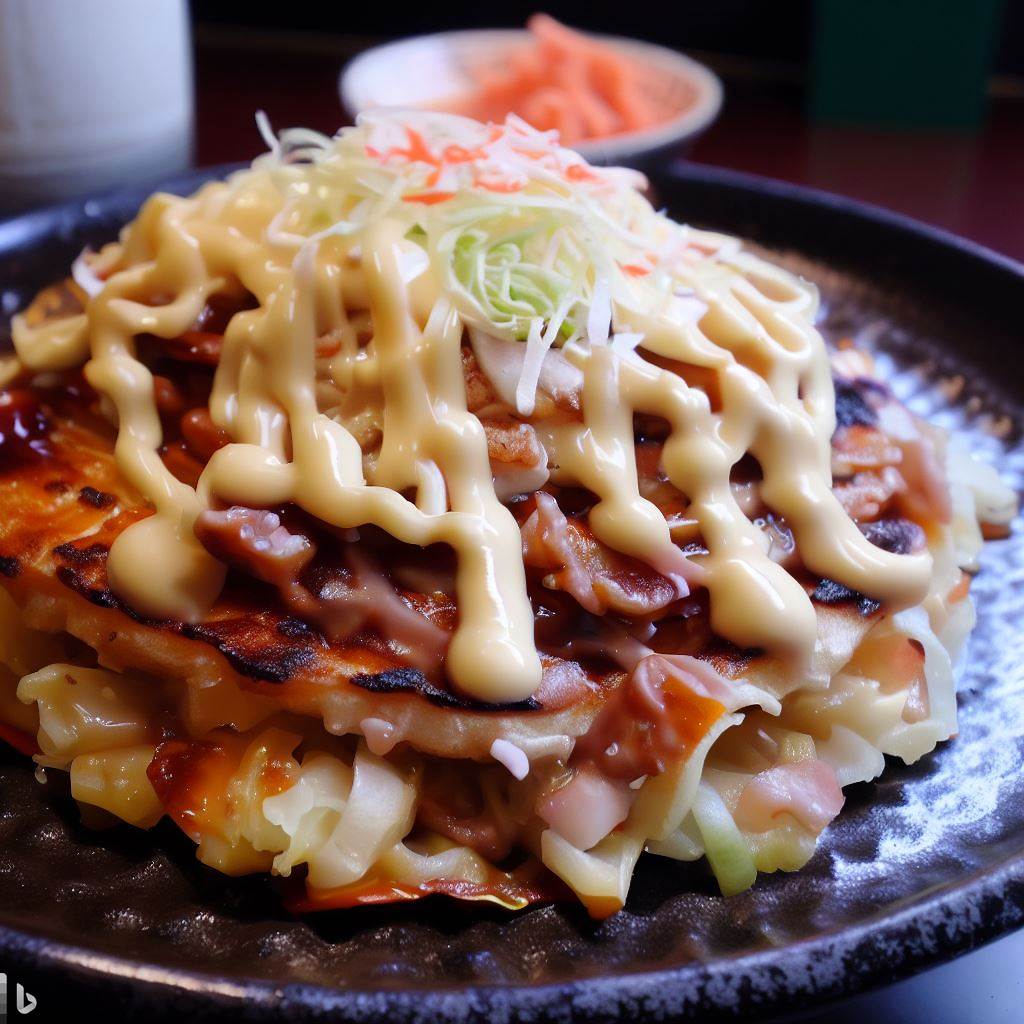 A photograph of a perfectly cooked Okonomiyaki on a plate, topped with Okonomiyaki sauce, Japanese mayonnaise, aonori, katsuobushi, and pickled ginger. Make it look mouth-watering and ready to eat.