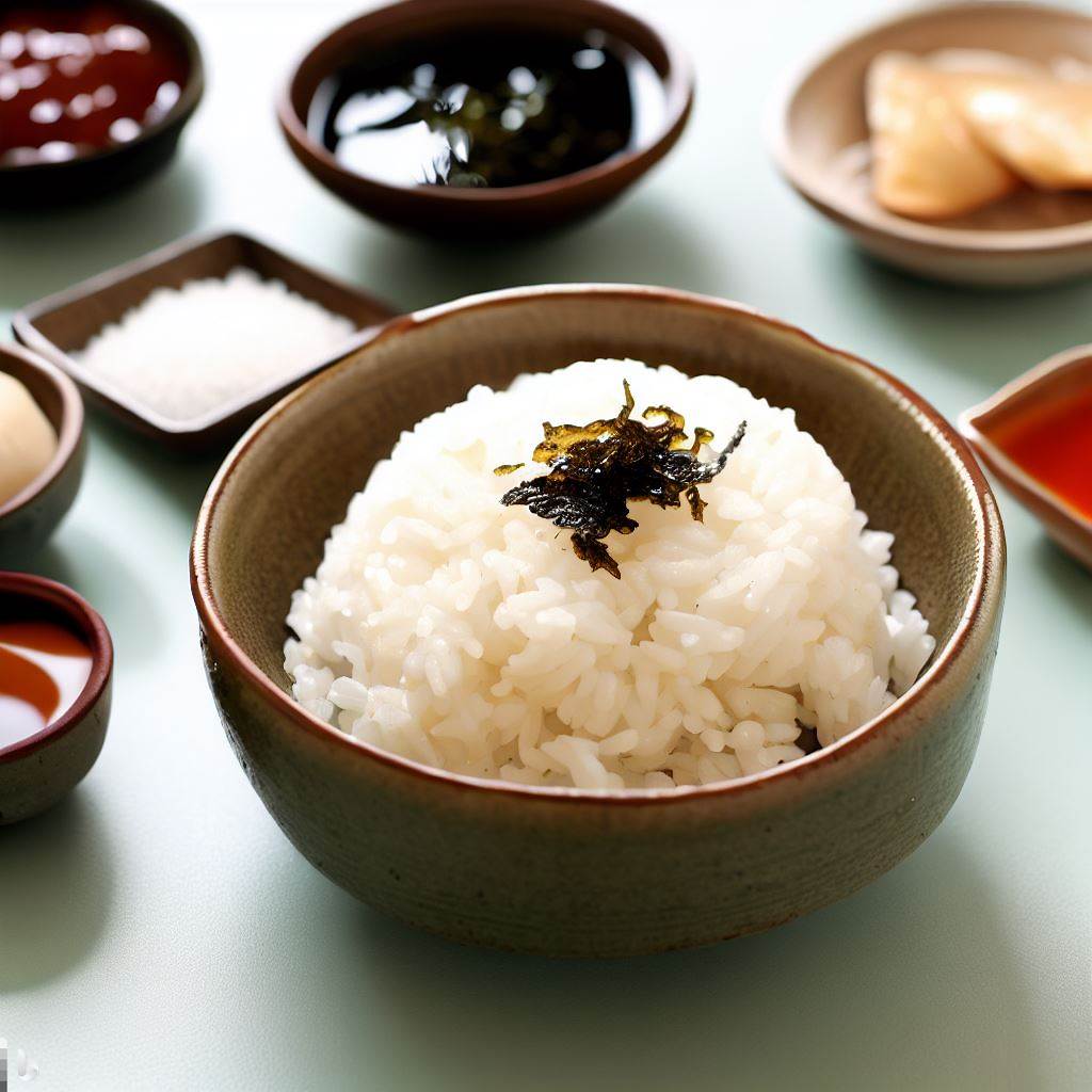 A bowl of steamed rice beautifully plated alongside small dishes containing soy sauce, miso paste, and seaweed.