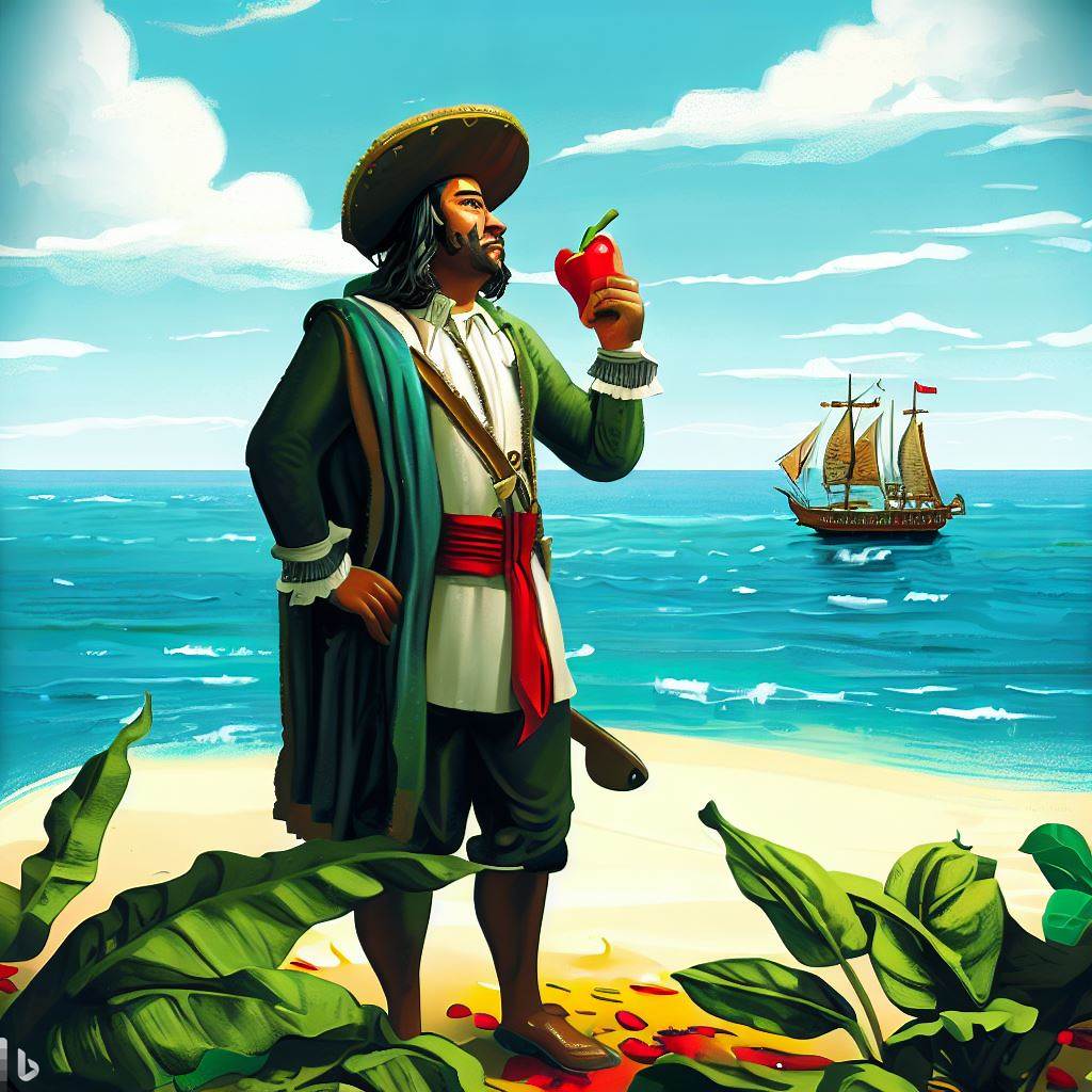Create an illustration of Christopher Columbus tasting a chile pepper for the first time while standing on the shores of the Caribbean.