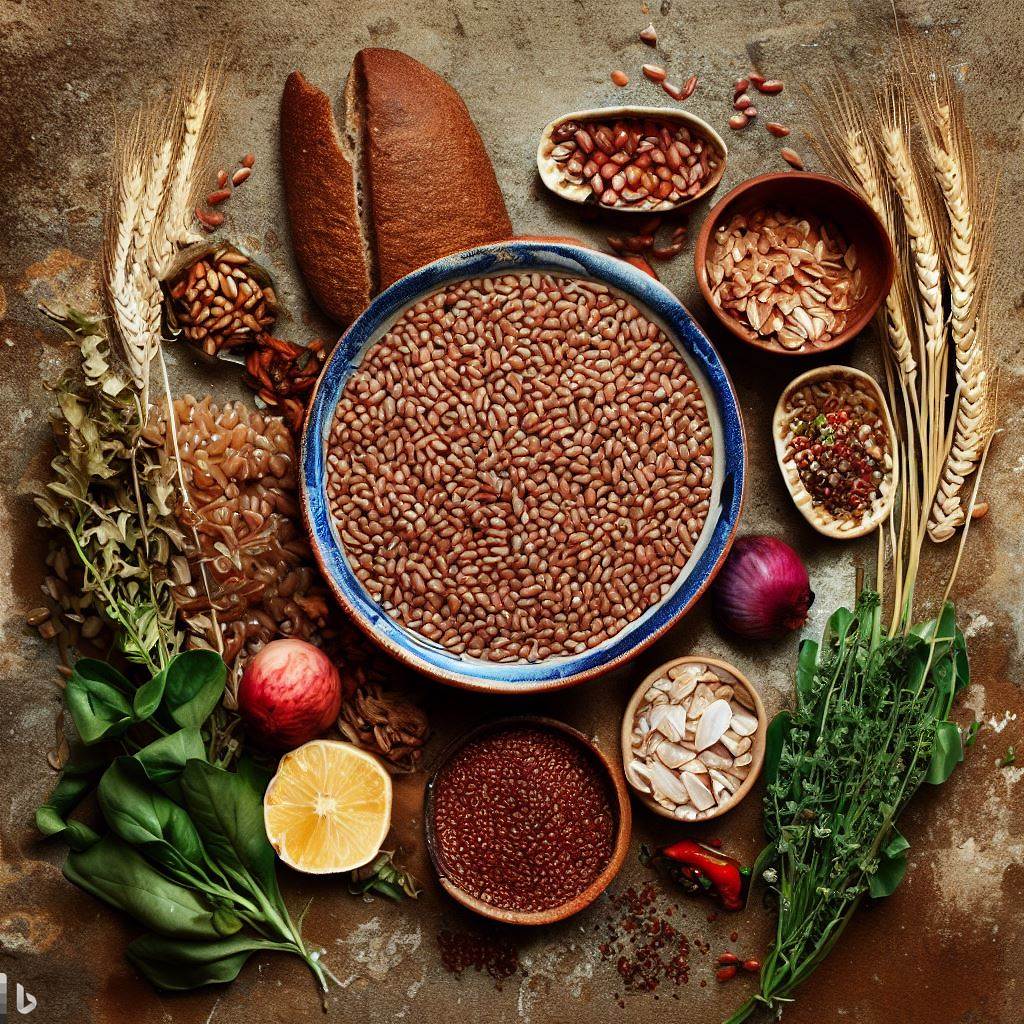 A beautifully arranged flat lay of all the ingredients needed for a Mesopotamian spelt salad, set against a rustic background reminiscent of ancient grains and herbs.