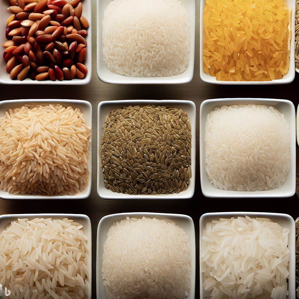 A grid showcasing different types of rice like Jasmine, Basmati, and Arborio in separate bowls, each with their distinct color and shape.