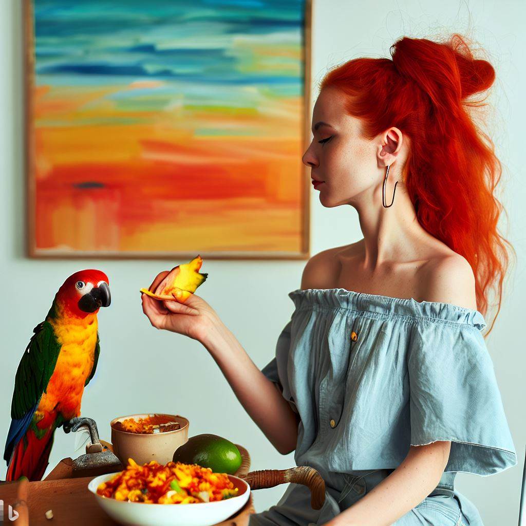 A 29-year-old white green-eyed woman with vibrant red hair tied in a loose, messy bun, often wearing vintage clothing, standing beside her painting and the finished Spicy Mango-Chile Salsa dish. An adorable Eclectus parrot with vibrant feathers is perched nearby, nibbling on a mango slice.