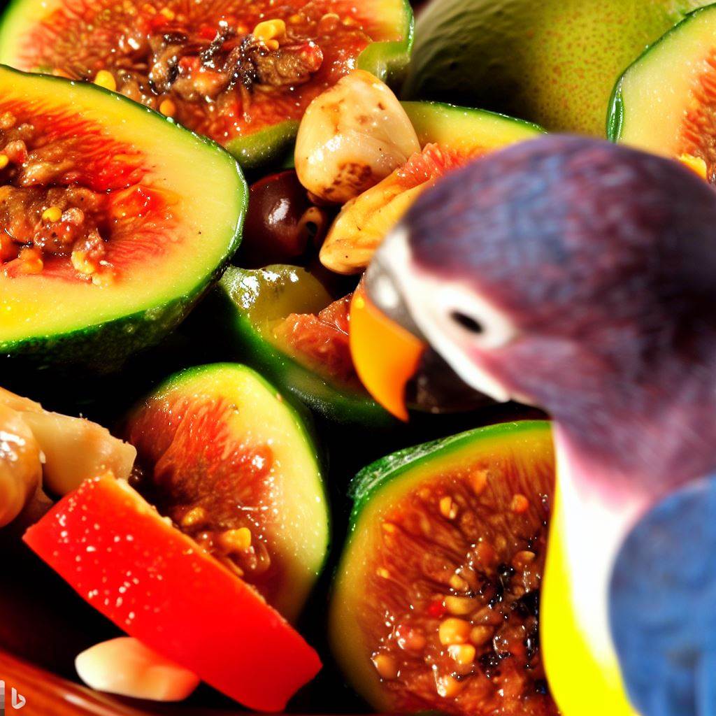 A close-up shot of the Mediterranean Fig & Olive Salad, highlighting the contrasting colors and textures of the figs and olives, with a small artistic insert of Gumbo the parrot seemingly enjoying his own bird-friendly version.