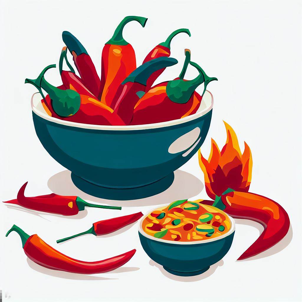 Create an illustration of a variety of chile peppers placed next to a modern dish that incorporates them, such as a spicy curry or a bowl of chili.