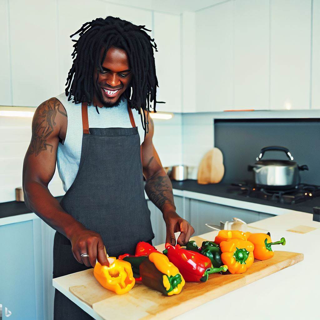 A photo of Ollie Thorne, a handsome lean black English man with dreadlocks, wearing an apron and smiling, while cooking stuffed bell peppers in a modern, well-equipped kitchen.