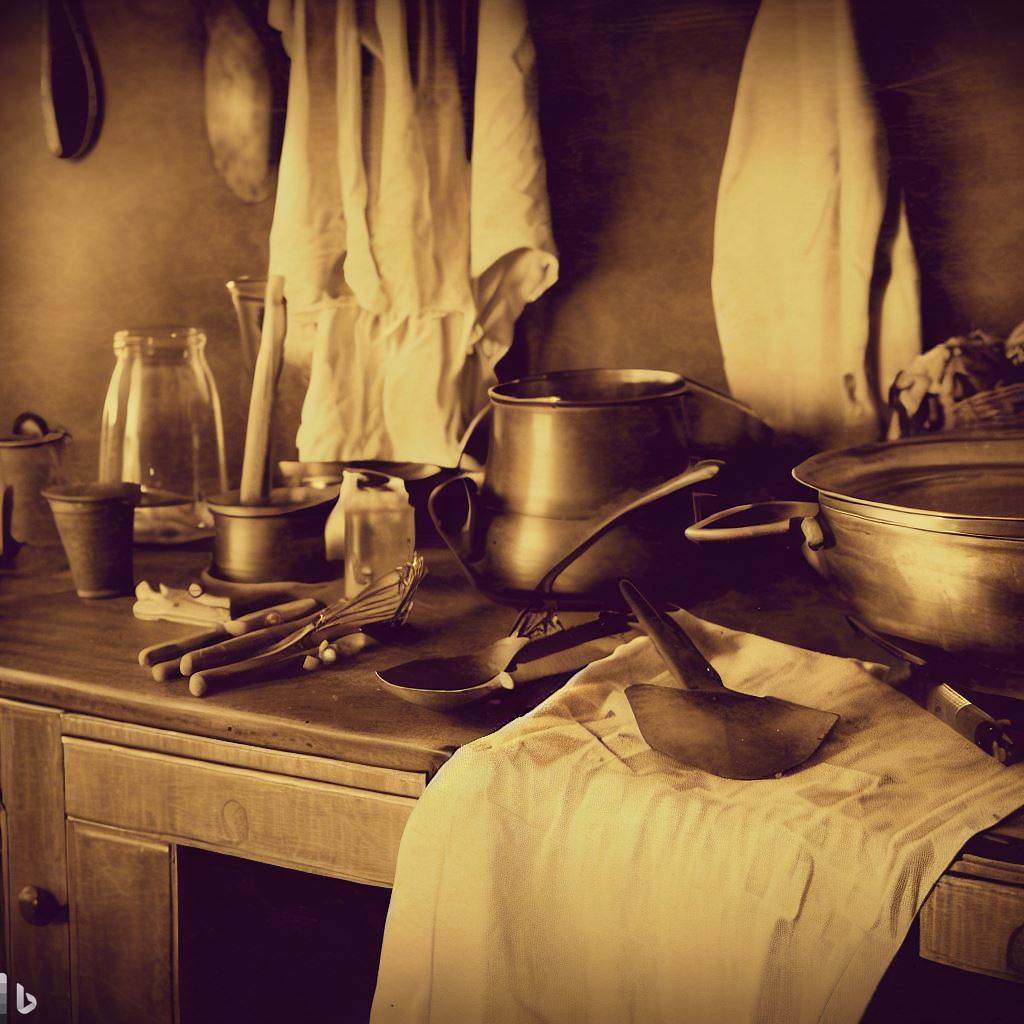 A nostalgic, sepia-toned photograph of a vintage kitchen setting with antique cooking utensils, an apron, and a rustic wooden table, illustrating the atmosphere of old-fashioned cooking.