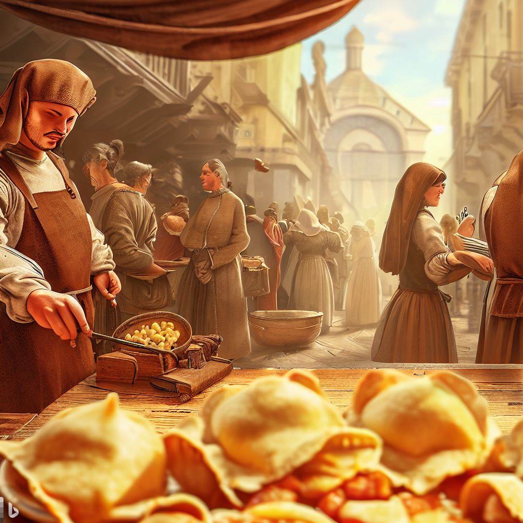 A bustling medieval Italian market with merchants selling food, and a close-up of early ravioli on a wooden table.