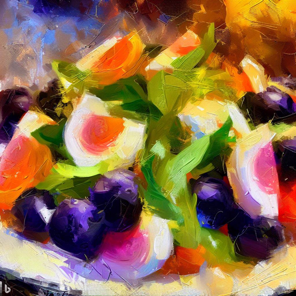 An impressionist painting of the Mediterranean Fig & Olive Salad, highlighted by vibrant colors and broad brush strokes, capturing the essence of the dish's rich flavors.