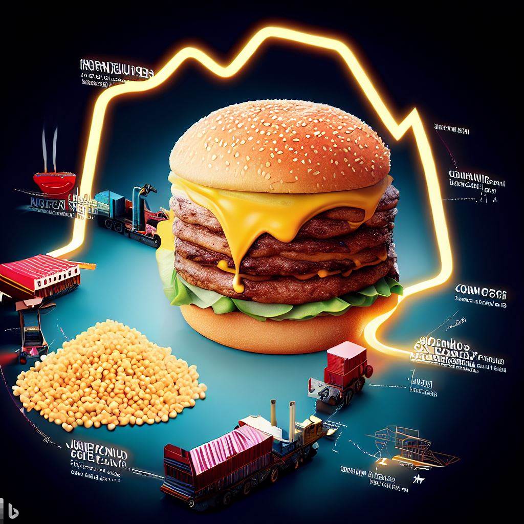 A photo-realistic infographic that illustrates the journey of a cheeseburger through global commodities markets, trade policies, and retail economics.