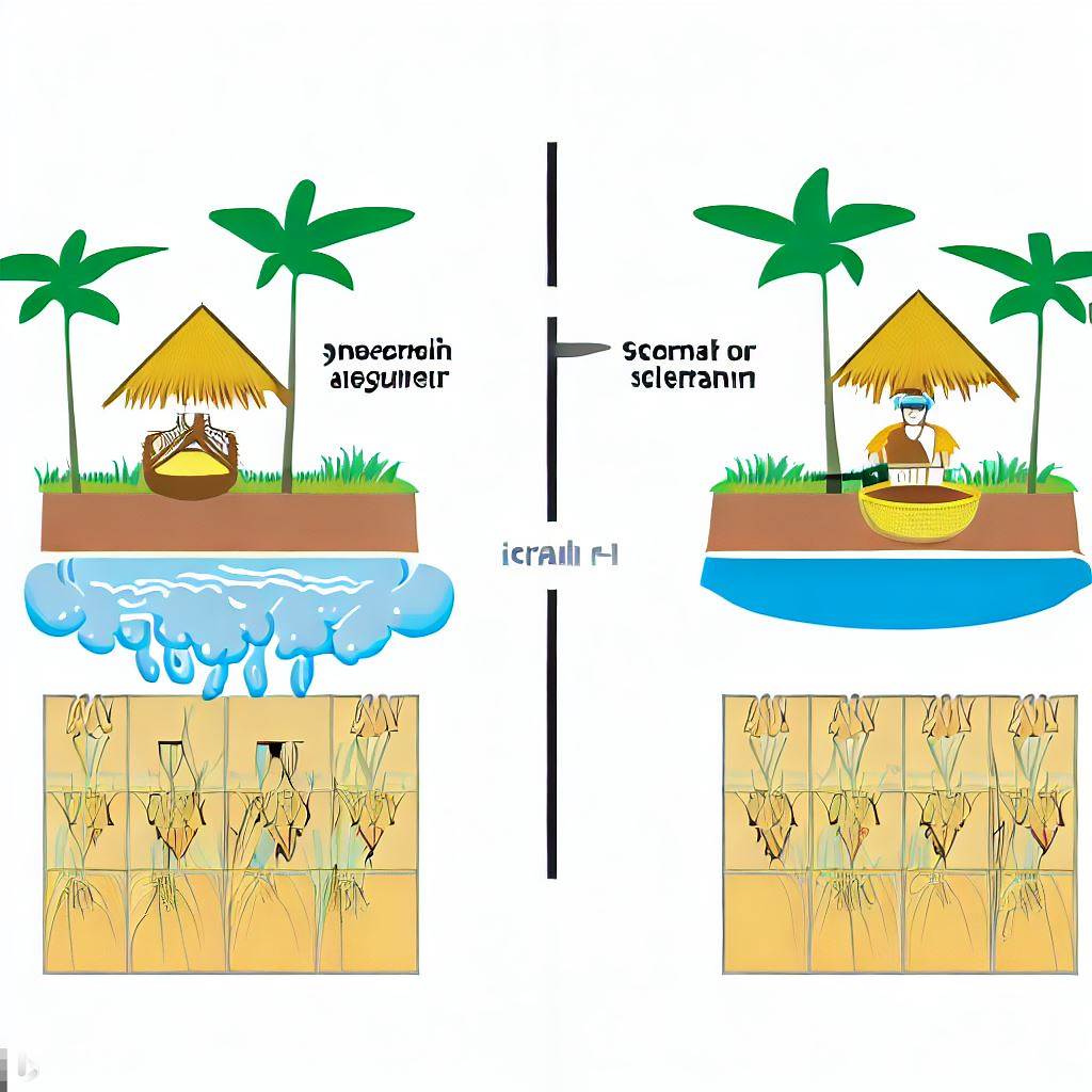 A diagram comparing traditional rice farming methods and the System of Rice Intensification (SRI) in terms of water usage.