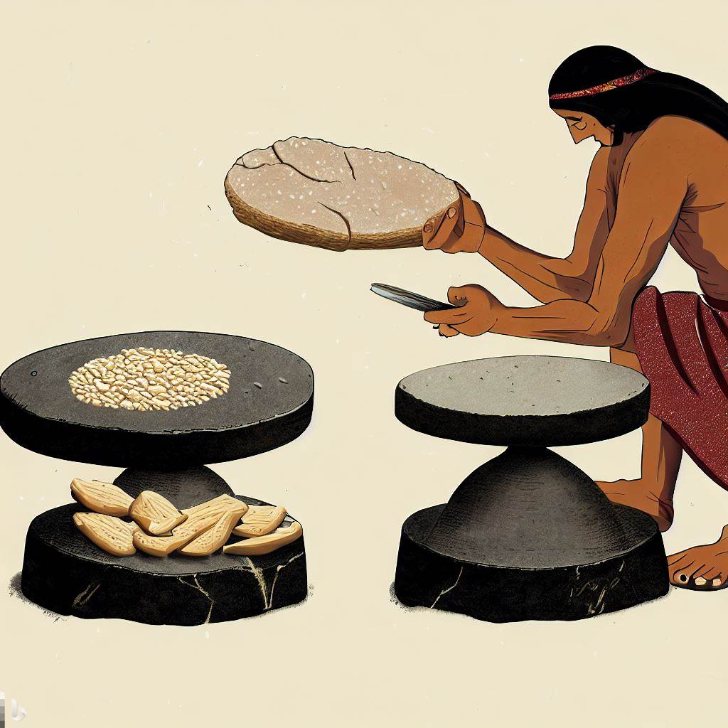 An illustration of a prehistoric person grinding grains between two large flat stones, with a flatbread next to them.