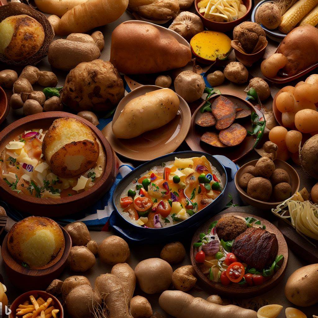 Create an image featuring an array of international dishes that center around potatoes, highlighting the tuber’s global reach in culinary practices.