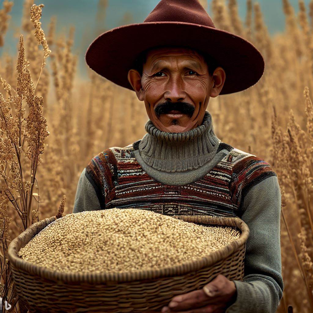 A photograph of a farmer in Peru holding a basket of freshly harvested quinoa.