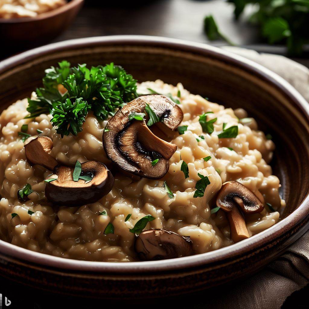 A finished bowl of mushroom risotto, garnished with fresh parsley and looking absolutely divine.