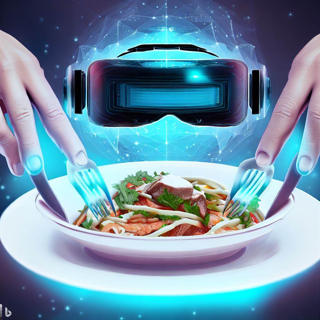A virtual reality headset and a pair of hands holding a fork and knife, poised over a holographic plate of gourmet food, illustrating the future of dining experiences.