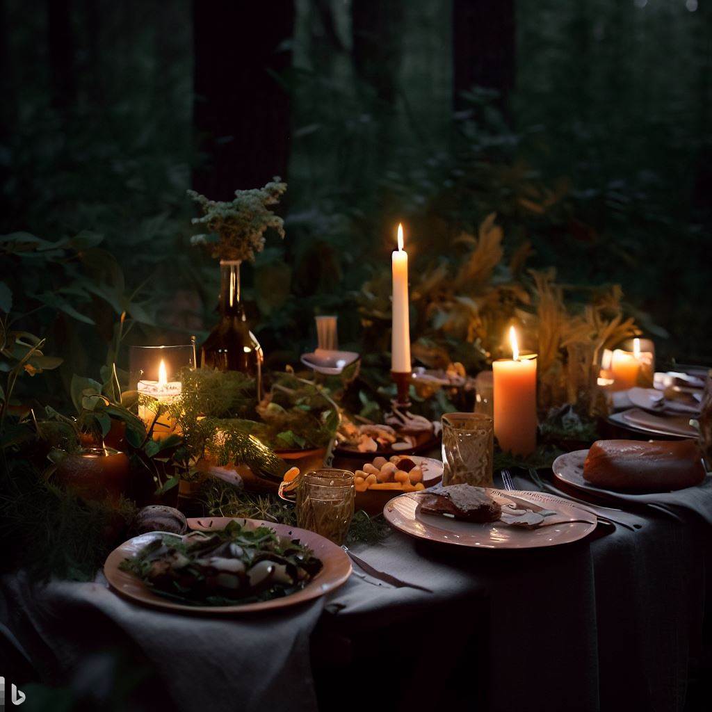 Create a cozy and atmospheric image of a candle-lit dinner table set up outdoors in the forest, featuring dishes made from foraged ingredients.