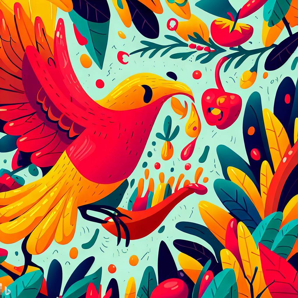 A colorful illustration showing a bird eating a chile pepper from a plant, then flying away to drop seeds in a diverse forest.