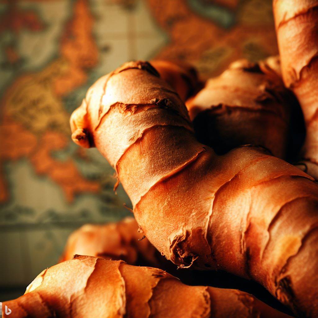 A close-up photograph of fresh turmeric root against a backdrop of a vintage map of the spice route.