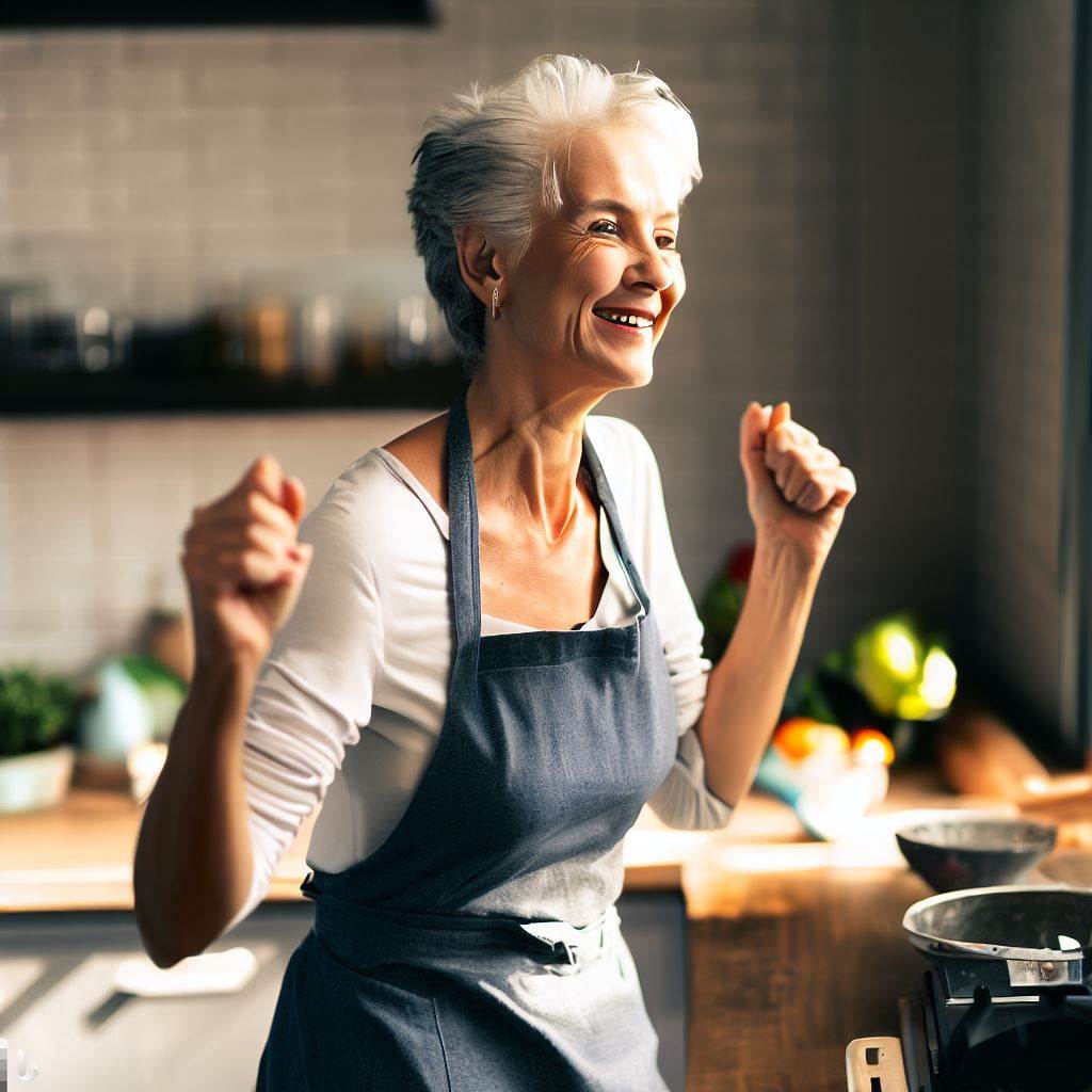 Create an image of a middle-aged, joyful slim white woman with short grey hair, enjoying her time in the kitchen. She should be dancing slightly while cooking, with earphones plugged in, fully absorbed in her own world.