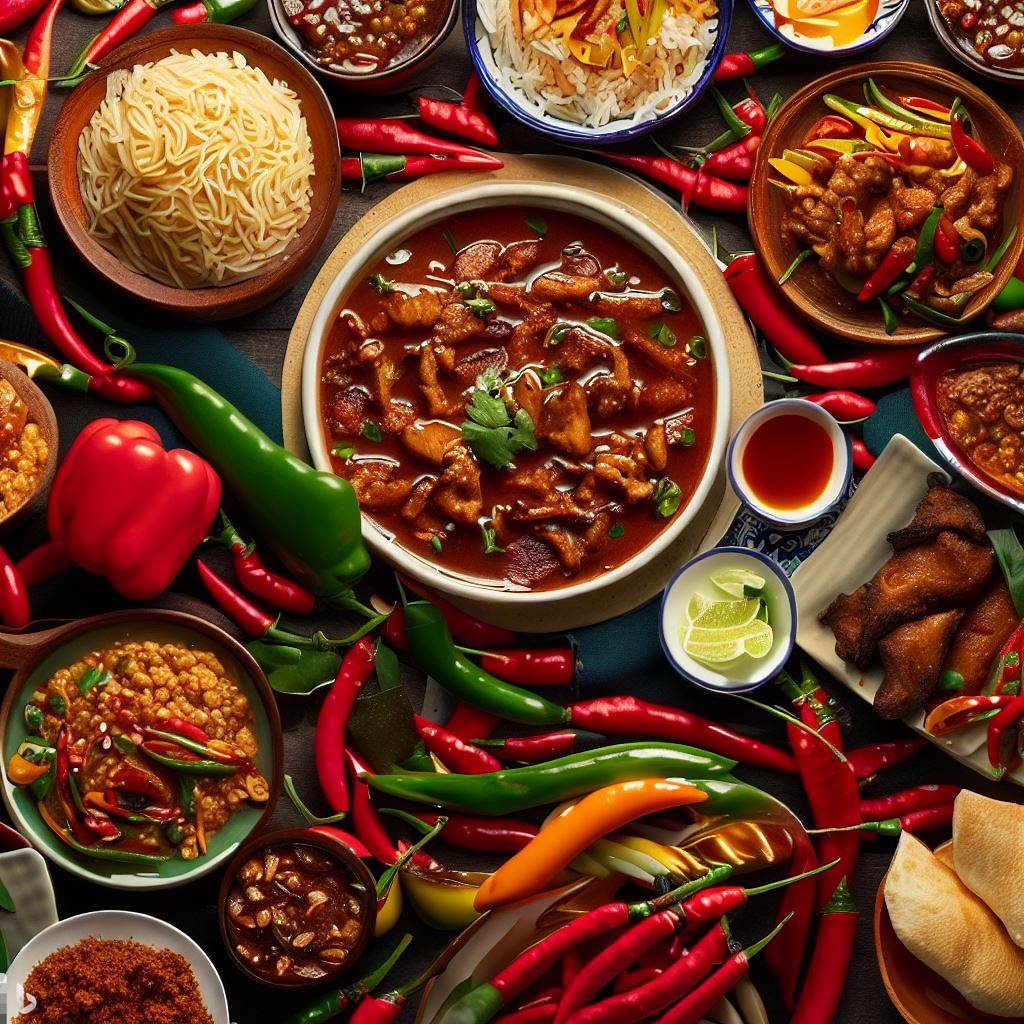 Create an image featuring an array of dishes from around the world that prominently feature chiles. From Thai curries and Texas chili to Szechuan chicken, showcase the global diversity of chile-based dishes.