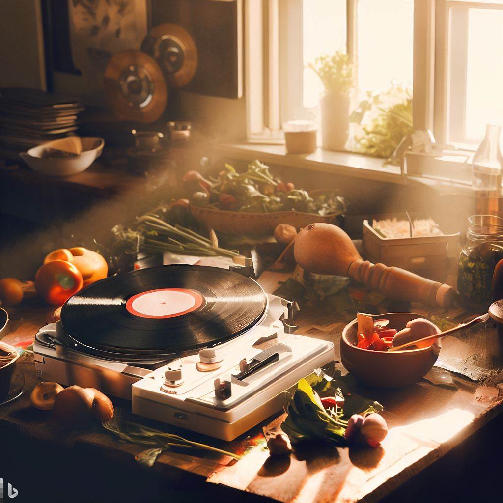 Create an image of a cozy, sunlit kitchen with a vintage record player on a wooden table, playing a vinyl album. An assortment of kitchen utensils and fresh ingredients are scattered across the table. The image should exude warmth and nostalgia.