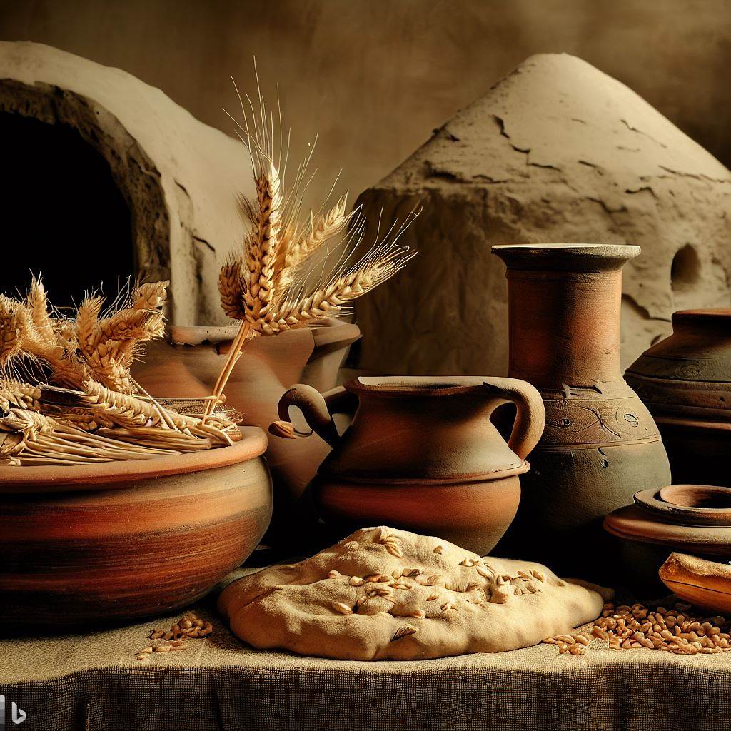 A still life of ancient grains, clay ovens, and traditional bread-making tools set in a backdrop of an ancient civilization