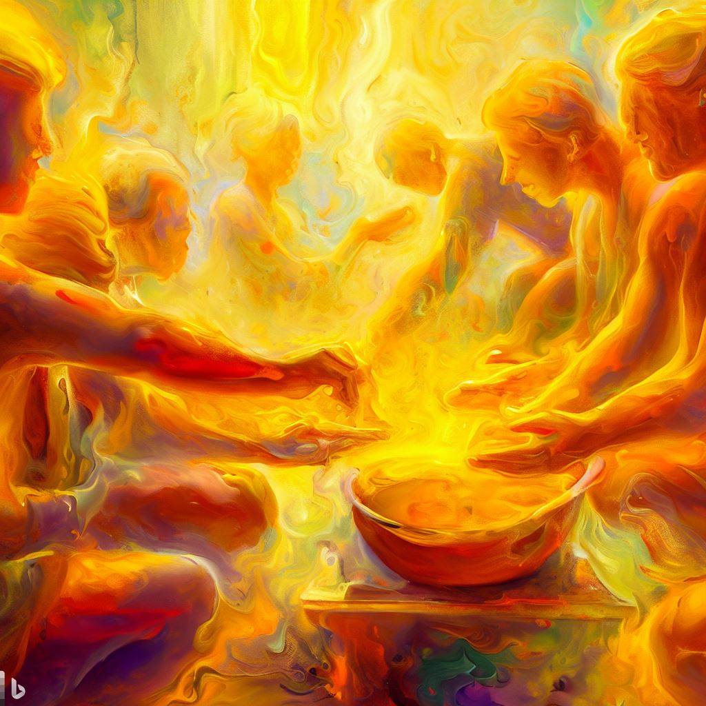 A painting of a spiritual ceremony involving the application of turmeric paste, capturing the radiant yellow hues and the emotions of the people involved.