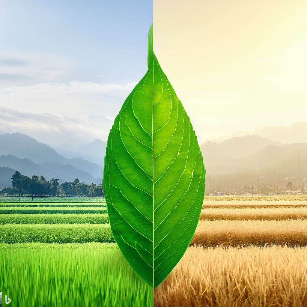 A dual-sided image that shows traditional rice paddies on one side and sustainable, modern farming practices on the other, separated by a green leaf.