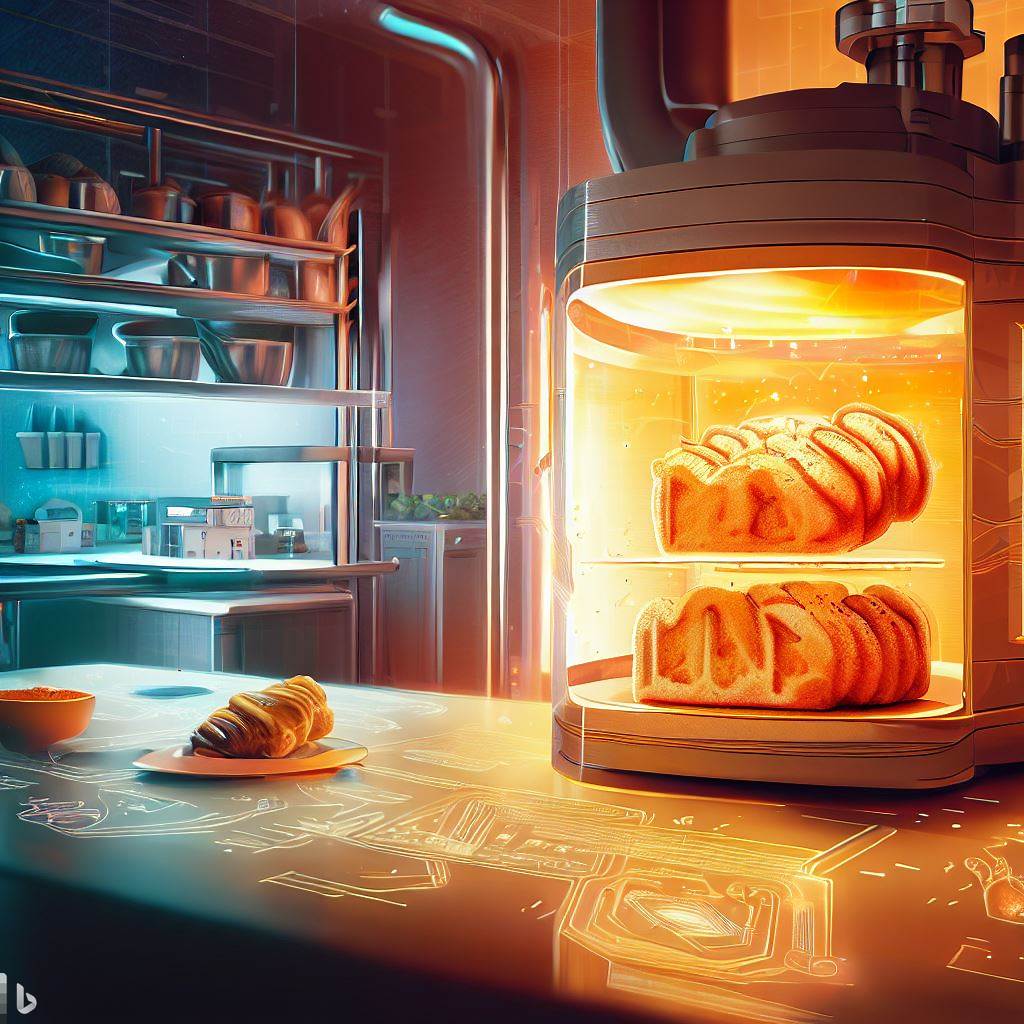 Futuristic depiction of a 3D printer in a kitchen setting, printing out a loaf of bread with various customized layers of nutrients