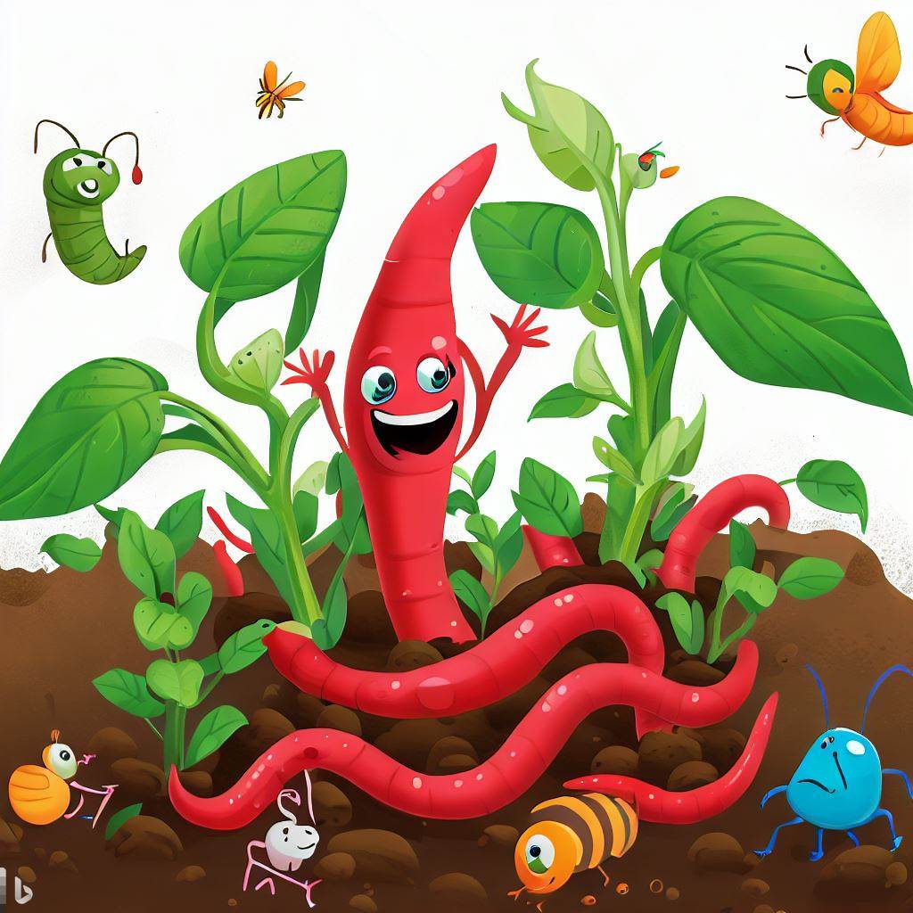 An illustration of chile plants acting as natural pesticides, showing happy earthworms and other beneficial insects in healthy soil.