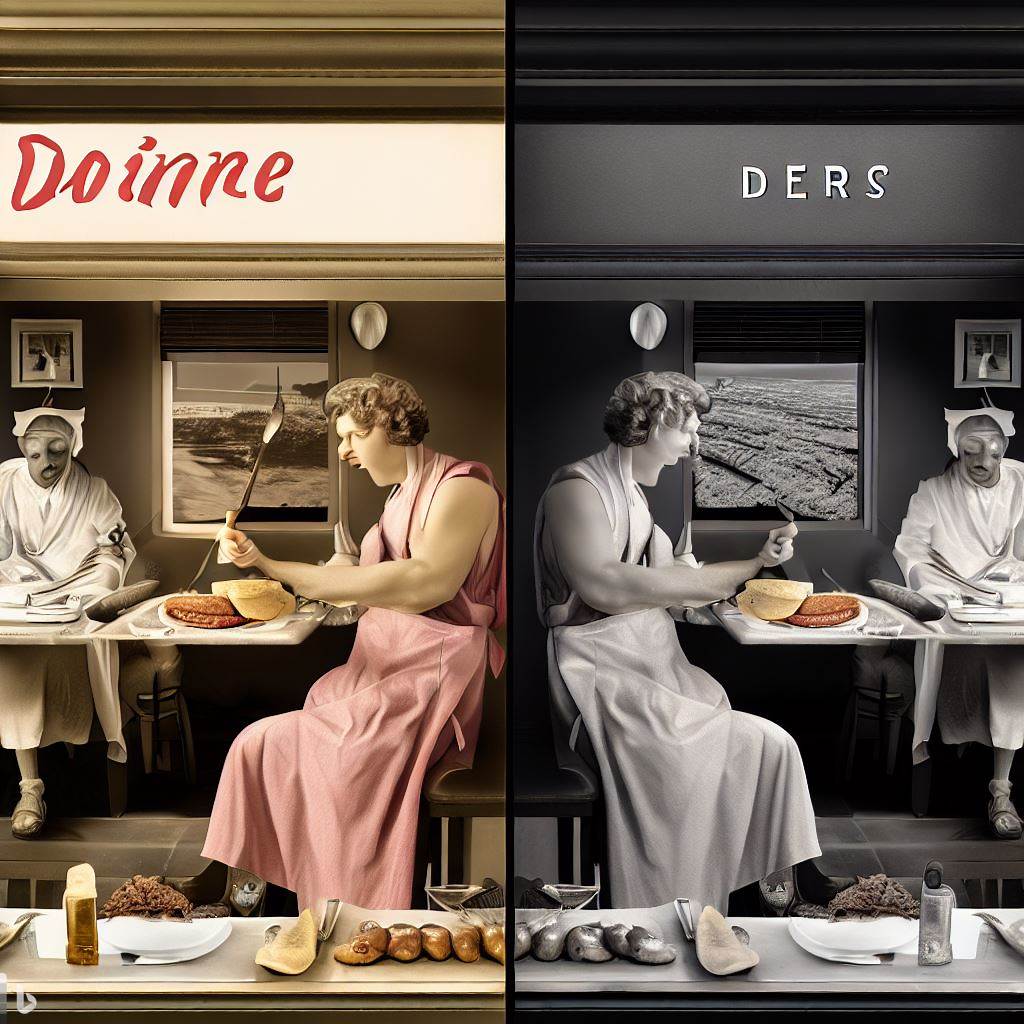 A dual-pane photo illustration where ancient Roman chefs share the frame with a 1920s American diner scene, each preparing their version of a meat patty.