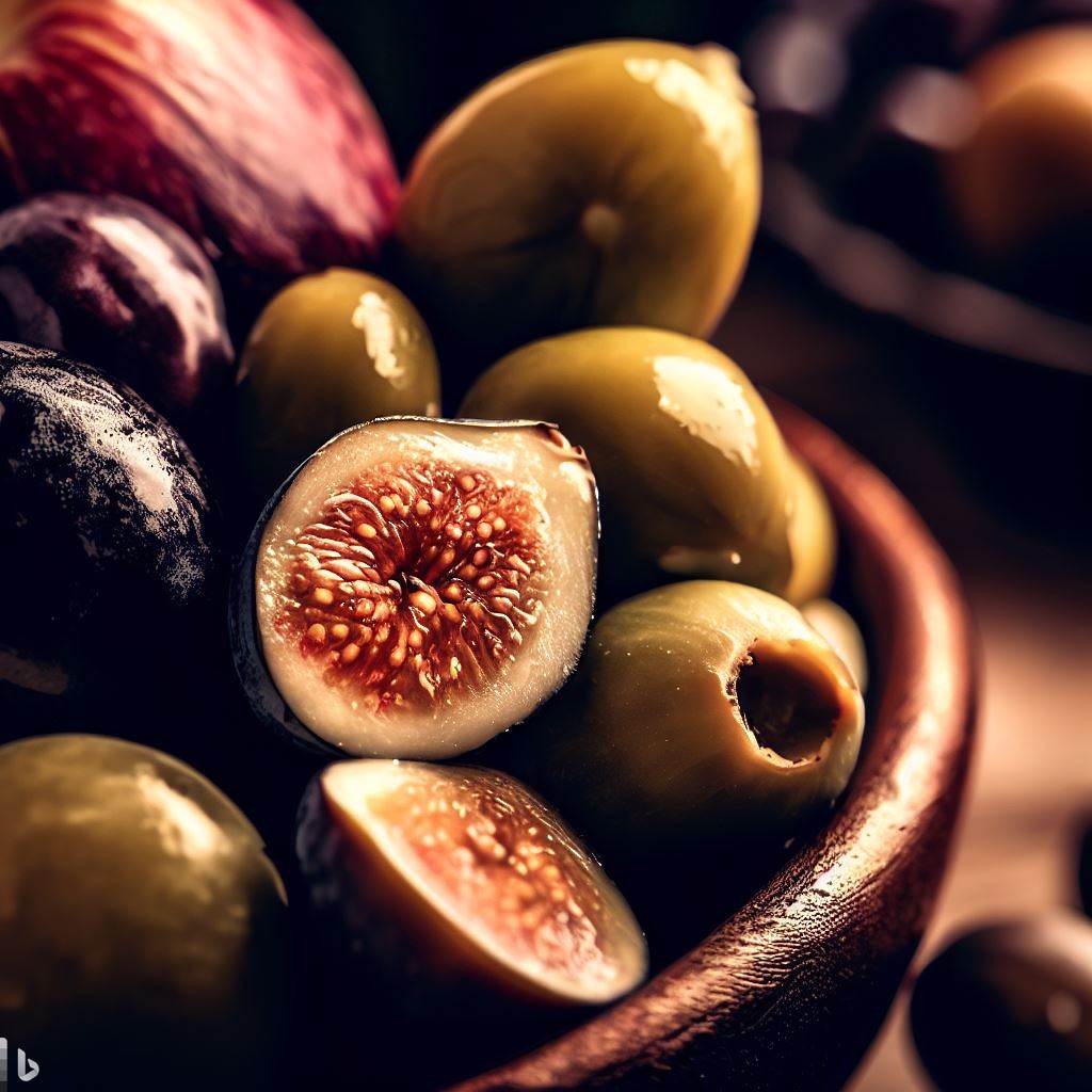 A close-up shot of fresh olives and ripe figs in a rustic bowl on a wooden table, highlighting their contrasting colors and textures.