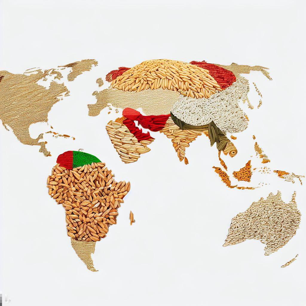 A world map made of various types of rice grains, highlighting countries like China, India, and Japan, to represent rice as a global staple.
