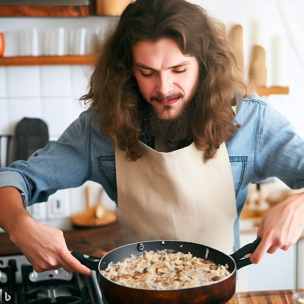 A young man with long wavy brown hair, goatee and mustache, cooking mushroom risotto over a stove, his face full of joy and anticipation.