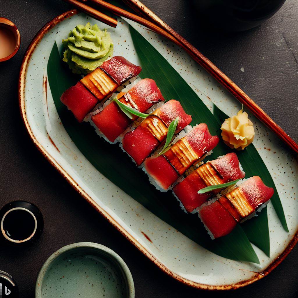 A high-angle shot of a beautiful plate of freshly made Edomae sushi, garnished with wasabi and soy sauce on the side.