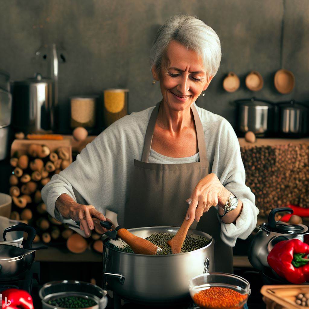 create an image of a middle-aged, joyful, slim white woman with short grey hair, cooking lentils in a pot on a stovetop with an array of spices and vegetables around her.