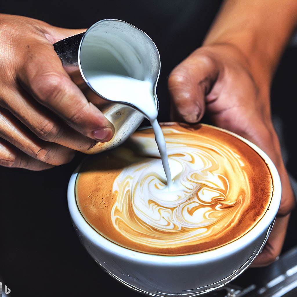 A close-up of a barista's hands skillfully pouring a milk froth into a coffee cup, creating a complex latte art design that resembles a famous masterpiece like the Mona Lisa or Starry Night.