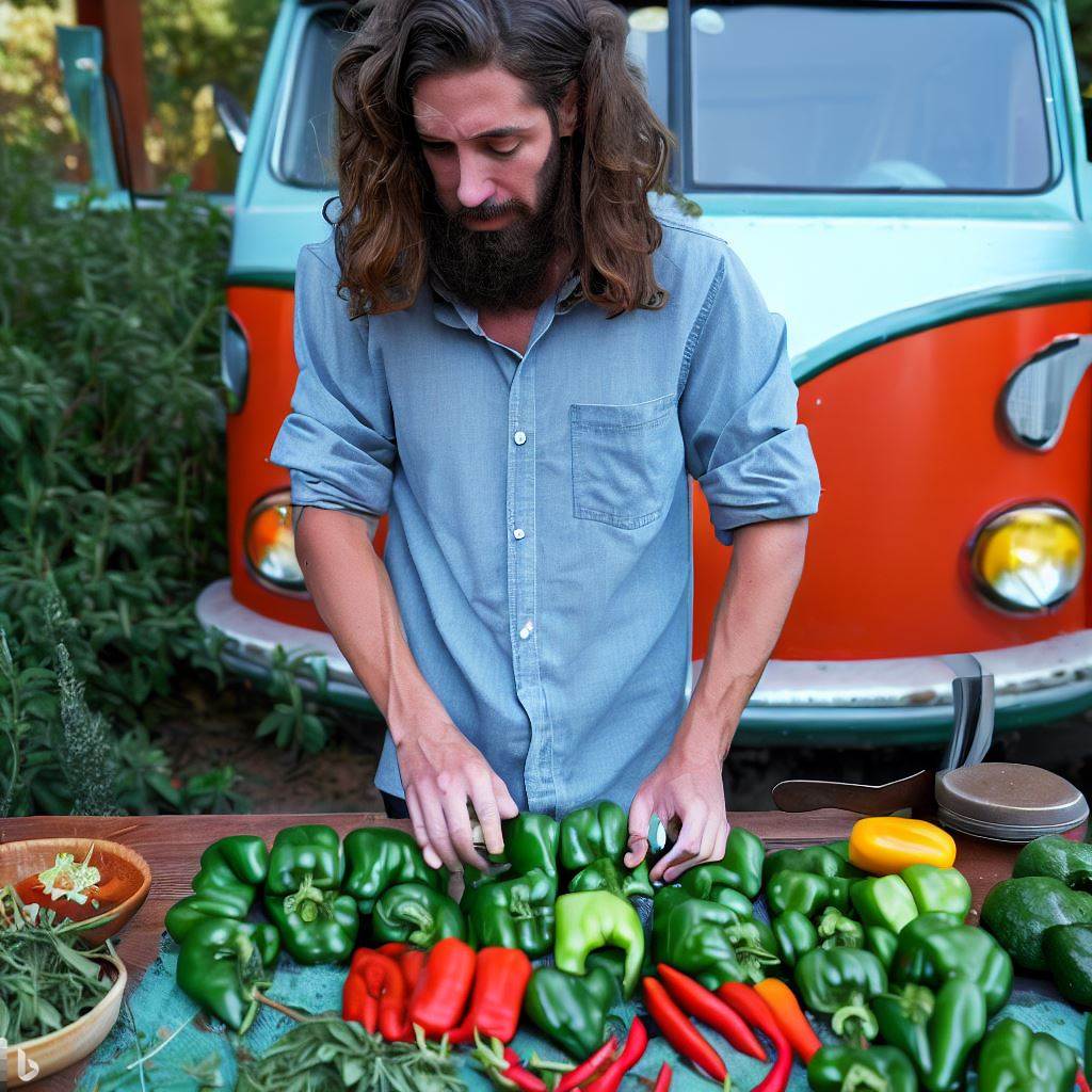 A photo of a young white man with long wavy brown hair, goatee and mustache, preparing chile relleno next to a green vintage VW van named Basil, with an array of fresh chiles and ingredients laid out.