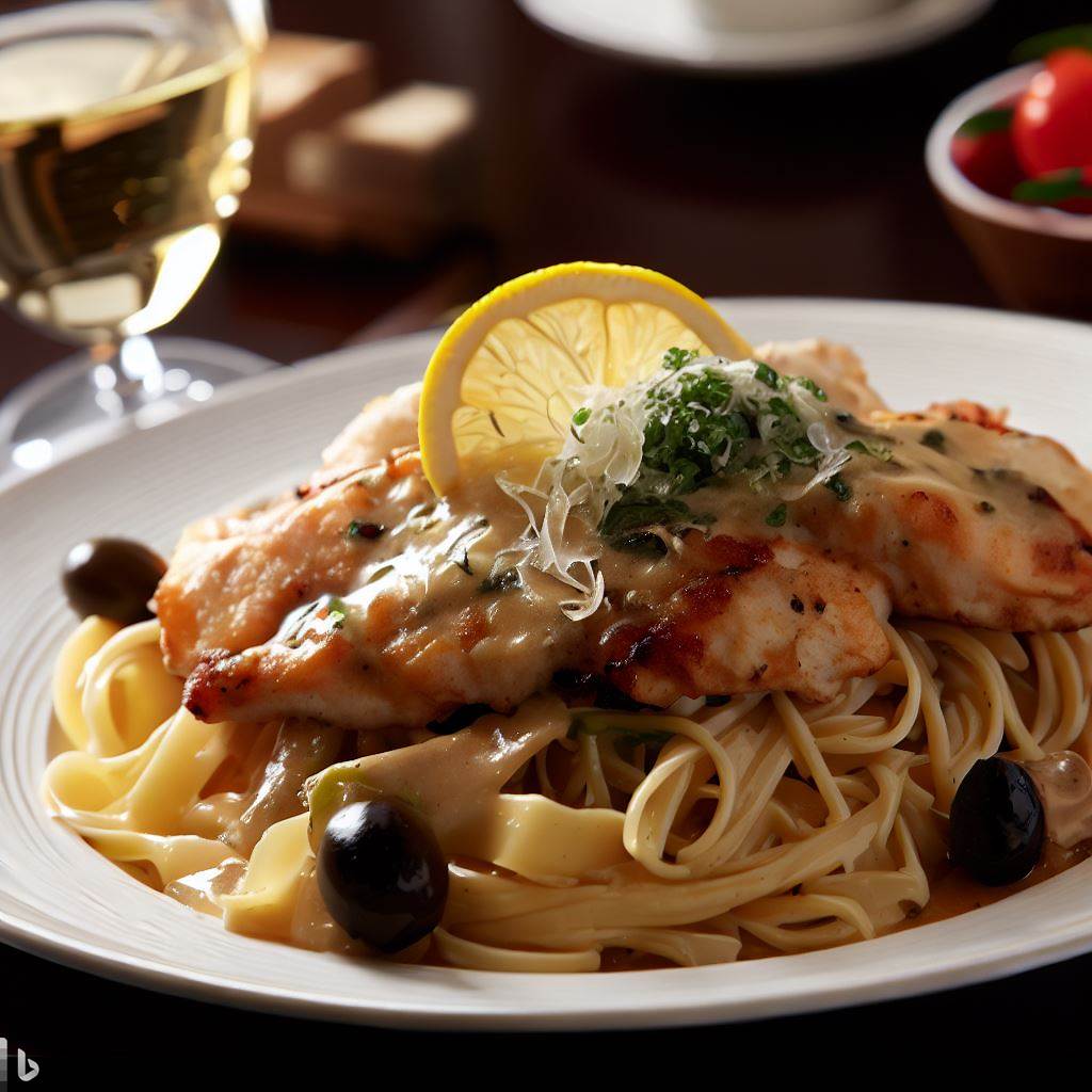 a photograph of a delicious-looking, beautifully plated meal of chicken piccata