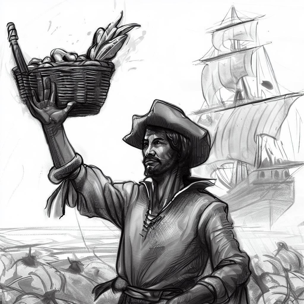 Create an illustration of Christopher Columbus holding a basket of chiles with a look of amazement. In the background, sketch a ship and the silhouette of the New World.