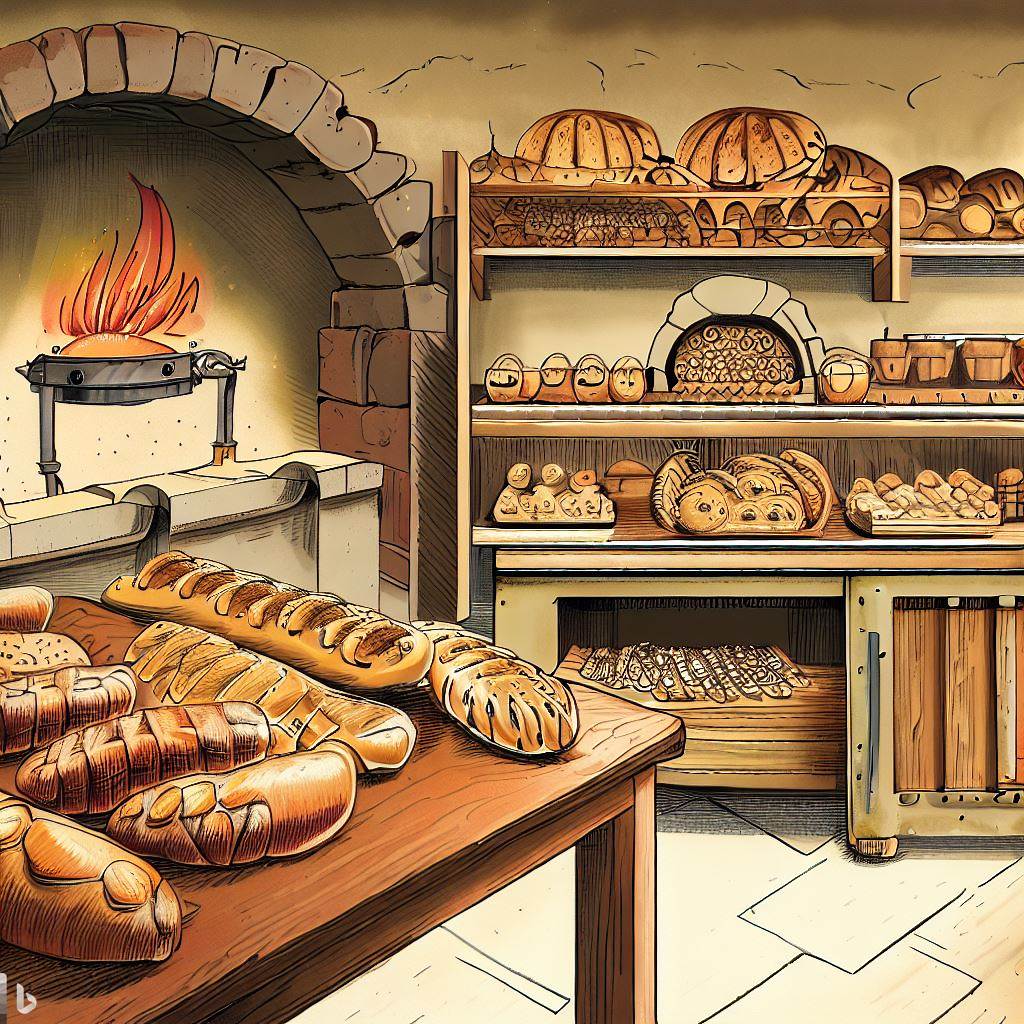 An illustration of a Roman bakery with a variety of bread loaves on wooden counters and an oven in the background.