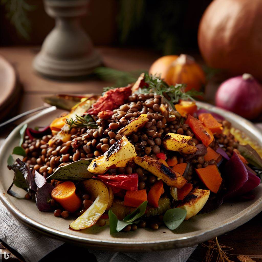 create an image of a beautifully plated Lentil and Roasted Vegetable Salad, with a focus on the vivid colors and textures, set against a rustic table with autumnal decor.