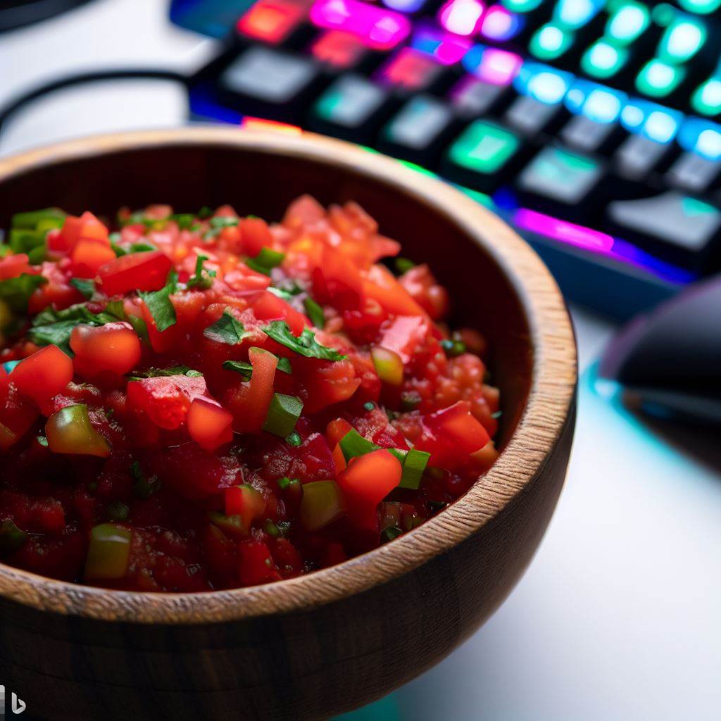 A bowl of vibrant, freshly made salsa next to a computer keyboard or tech equipment.