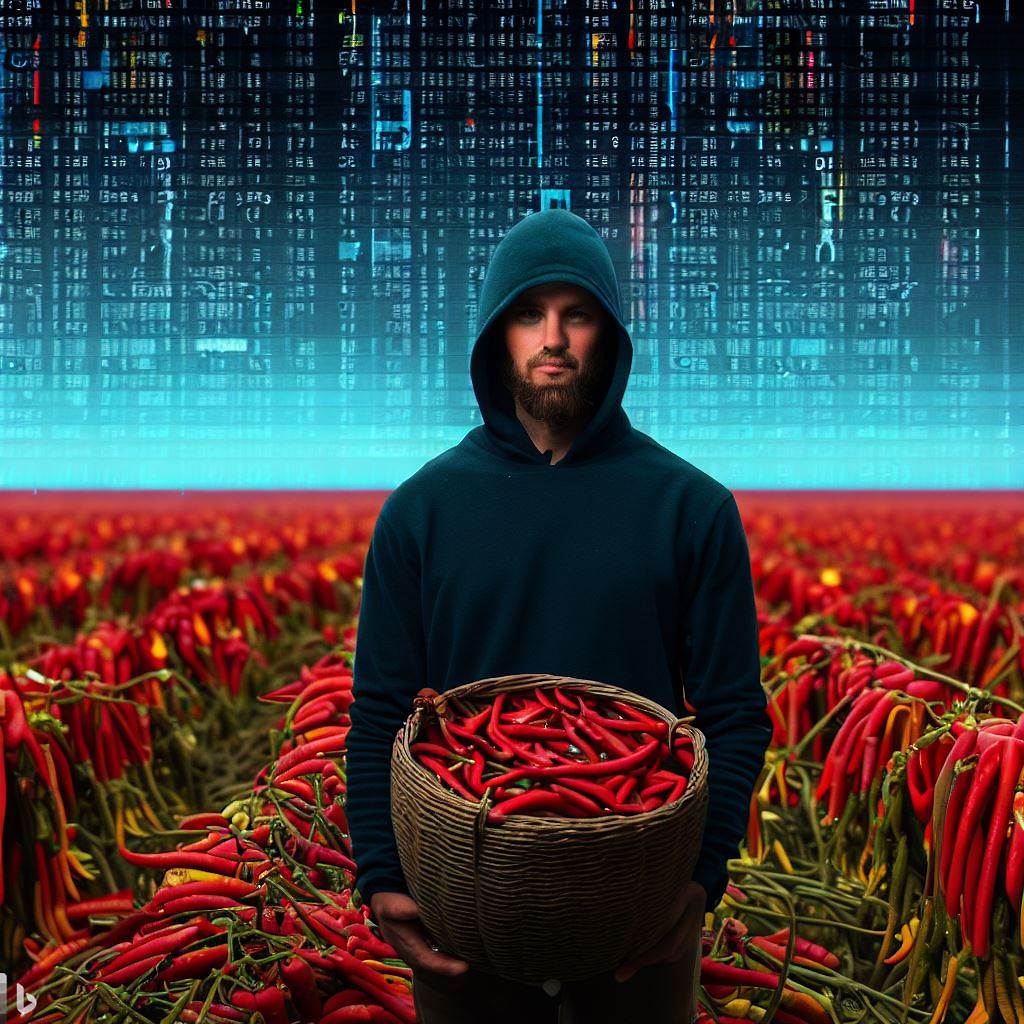 A photo of me, standing in a pepper field holding a basket full of different types of chiles, juxtaposed against a backdrop that looks like a digital interface or code editor.