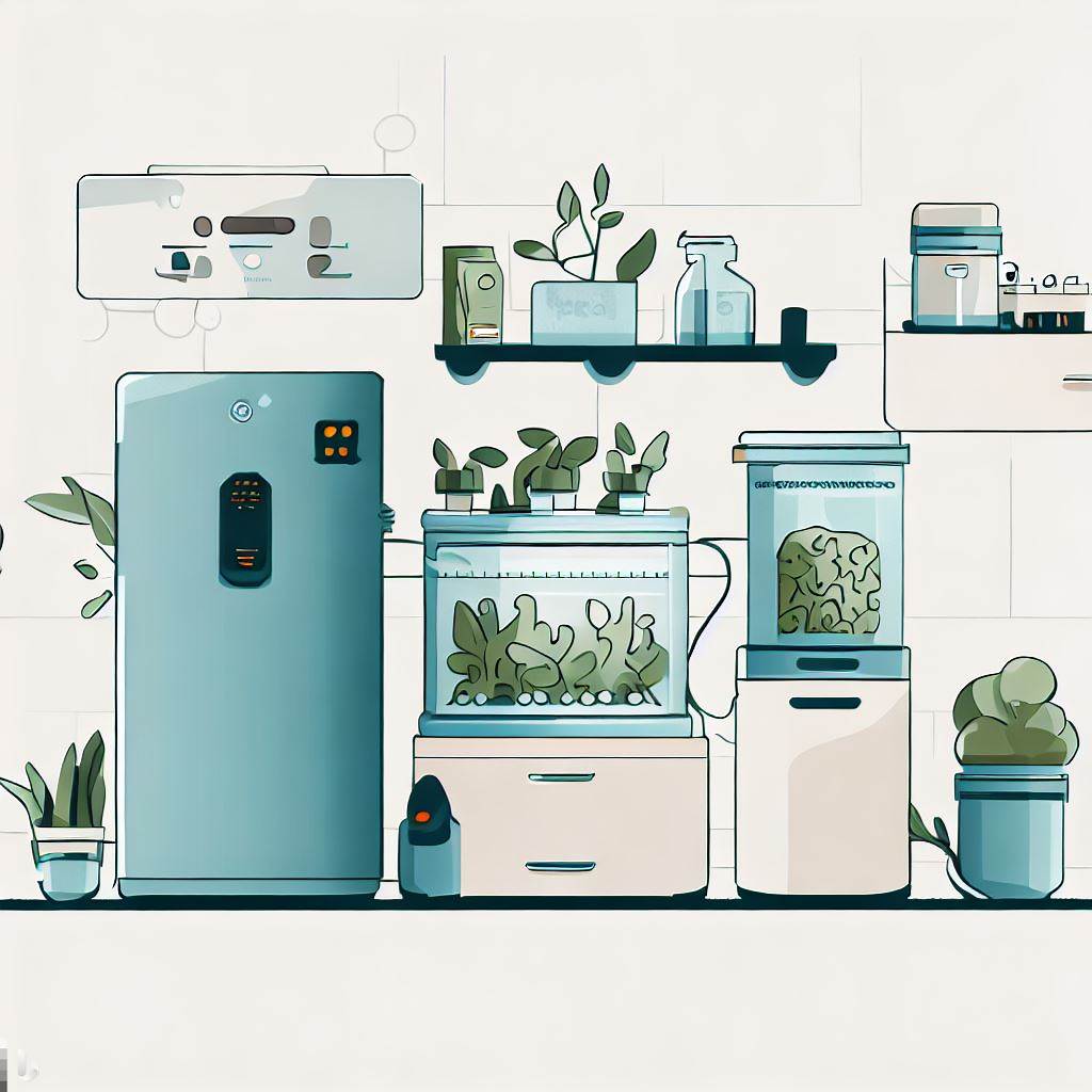 An illustration of a minimalist, zero-waste kitchen setup, showcasing smart devices like a compost bin, a smart refrigerator, and a hydroponic herb garden.