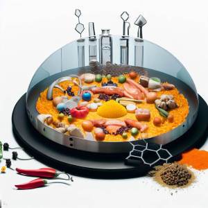 A futuristic paella pan featuring molecular gastronomy tools, sustainably sourced ingredients, and international spices