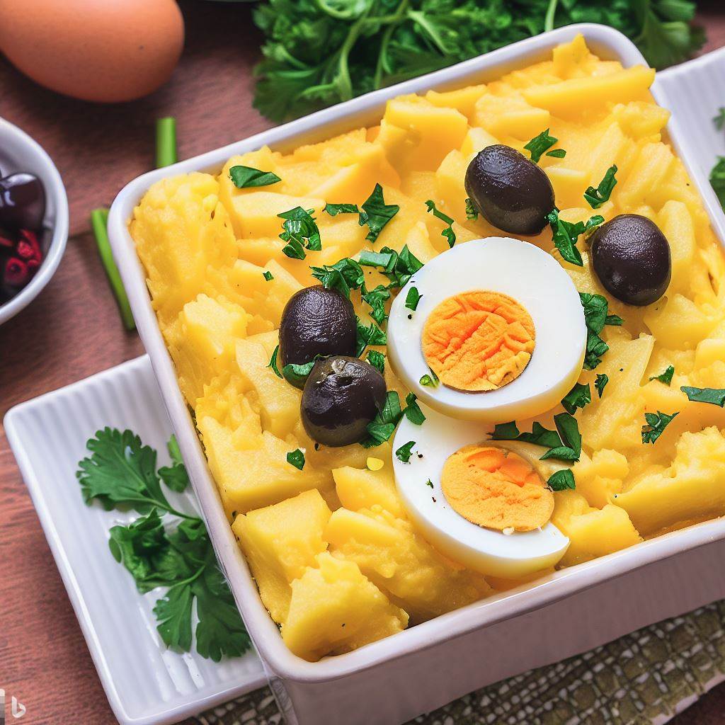 A close-up, high-angle photograph of a perfectly assembled Peruvian Potato Causa in a square dish, garnished with slices of boiled eggs, black olives, and chopped parsley.