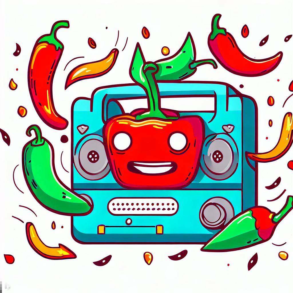 A cheerful illustration of a boombox surrounded by dancing chile peppers, emitting musical notes.